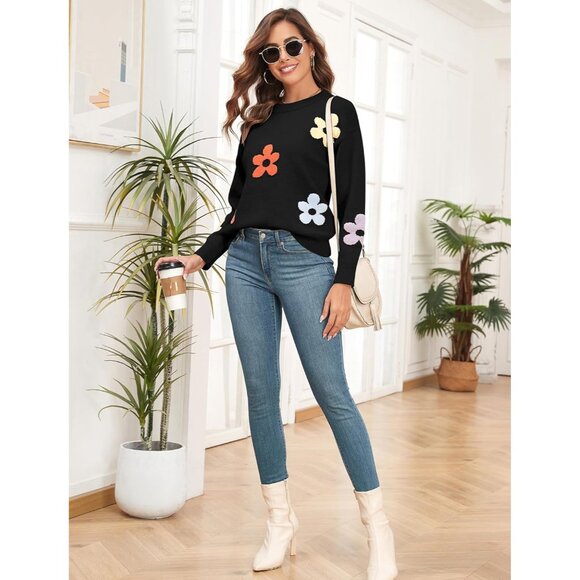 Women's Pullover Sweater Floral Print Color Block Long Sleeve Knit Sweater - Picture 5 of 6